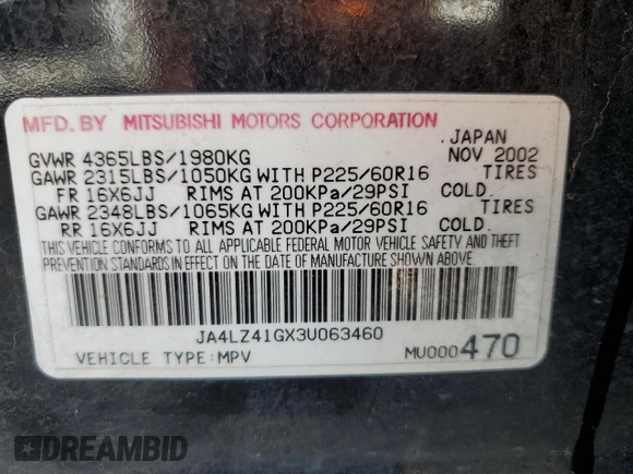 2003 Mitsubishi Outlander XLS with VIN JA4LZ41GX3U063460, listed as a Copart auction lot 68744554 with 186,447 mi miles and Salvage Title. Bid and sale history available at carsss.com. Image 13.