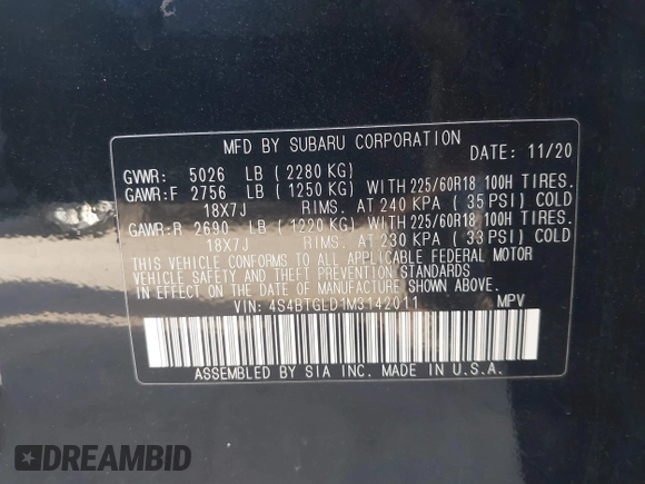 2021 Subaru Outback Onyx XT with VIN 4S4BTGLD1M3142011, listed as a IAAI auction lot 42297252 with 37,875 mi miles and . Bid and sale history available at DreamBid. Image 9.