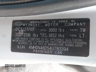 2004 Hyundai Elantra GLS z VIN KMHDN46D54U783394, wystawiony jako IAAI lot #42081704 z przebiegiem 186 301 mil mil oraz . Historia ofert i sprzedaży dostępna na DreamBid. Obrazek 9.