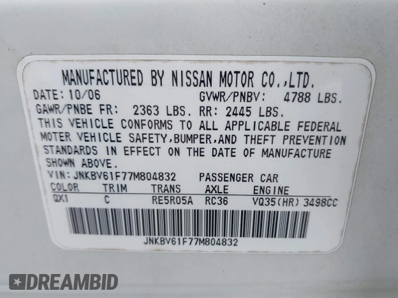 2007 Infiniti G35 Sedan G35x with VIN JNKBV61F77M804832, listed as a IAAI auction lot 42071592 with 140,728 mi miles. Bid and sale history available at carsss.com. Image 9.