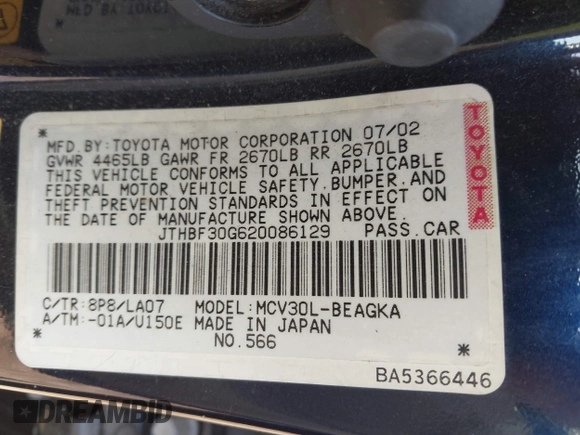 2002 Lexus ES 300 with VIN JTHBF30G620086129, listed as a IAAI auction lot 41785373 with 170,043 mi miles and . Bid and sale history available at carsss.com. Image 9.