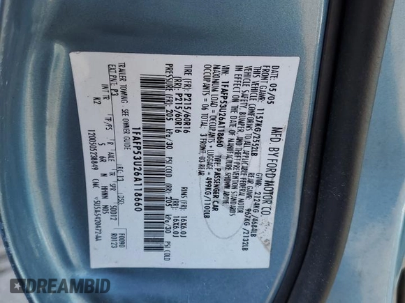 2006 Ford Taurus SE with VIN 1FAFP53U26A118660, listed as a Copart auction lot 42566095 with 0 mi miles and Salvage Title. Bid and sale history available at carsss.com. Image 12.