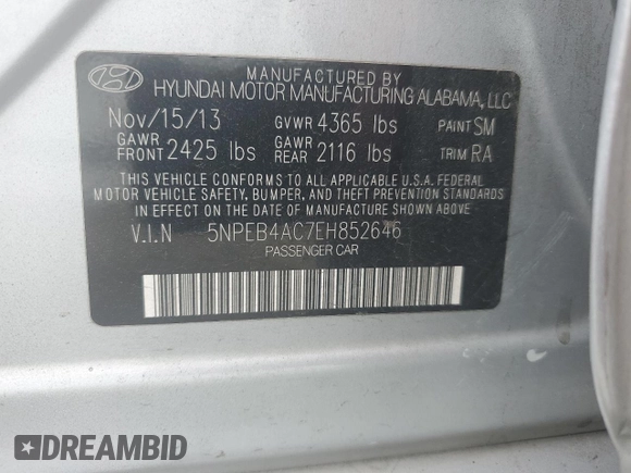 2014 Hyundai Sonata GLS with VIN 5NPEB4AC7EH852646, listed as a Copart auction lot 48745895 with 163,785 mi miles and Salvage Title. Bid and sale history available at carsss.com. Image 13.