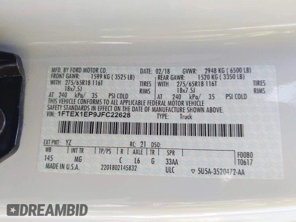 2018 Ford F-150 XL with VIN 1FTEX1EP9JFC22628, listed as a IAAI auction lot 42463357 with 93,331 mi miles and . Bid and sale history available at DreamBid. Image 9.