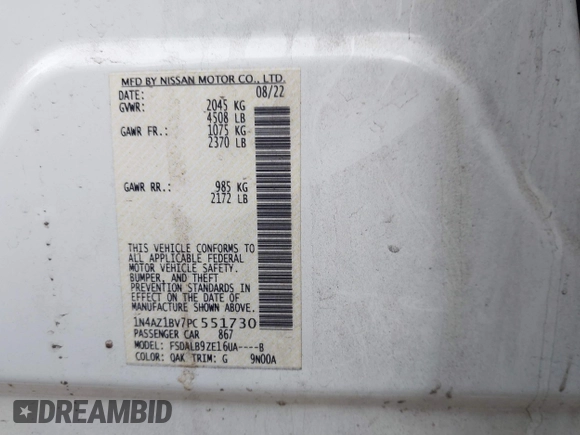 2023 Nissan LEAF S with VIN 1N4AZ1BV7PC551730, listed as a IAAI auction lot 41592504 with 17,423 mi miles and . Bid and sale history available at DreamBid. Image 9.