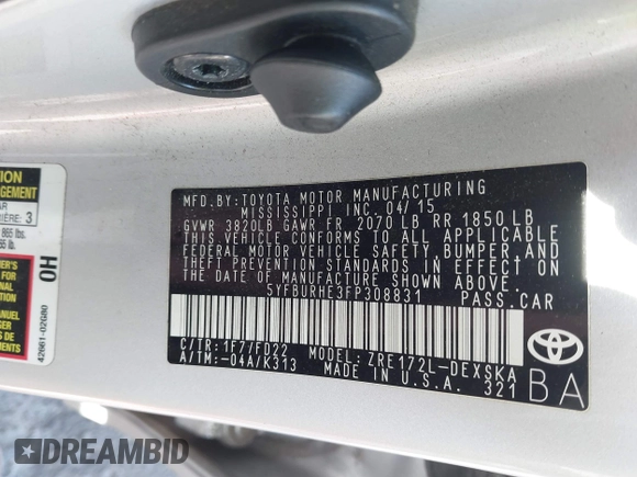 2015 Toyota Corolla L с VIN 5YFBURHE3FP308831, выставлен на аукционе IAAI как лот 41702344 с пробегом 97 206 миль миль и . История ставок и продаж доступна на DreamBid. Изображение 9.