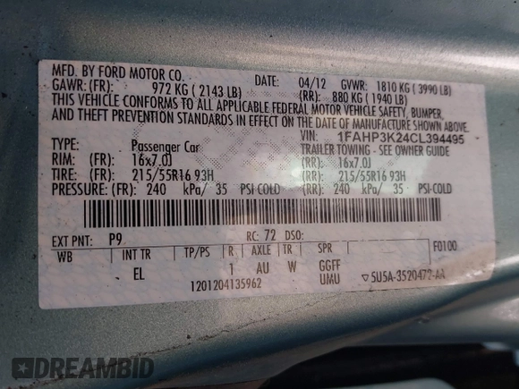 2012 Ford Focus SE with VIN 1FAHP3K24CL394495, listed as a IAAI auction lot 42034167 with 66,833 mi miles and . Bid and sale history available at carsss.com. Image 9.
