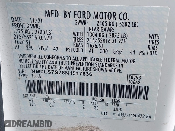 2022 Ford Transit Connect XL with VIN NM0LS7S78N1517636, listed as a IAAI auction lot 41457752 with 36,895 mi miles and . Bid and sale history available at DreamBid. Image 9.