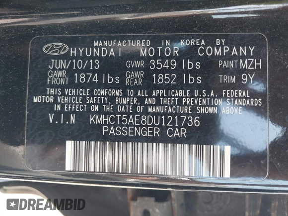 2013 Hyundai Accent GS z VIN KMHCT5AE8DU121736, wystawiony jako IAAI lot #42484416 z przebiegiem 102 830 mil mil oraz . Historia ofert i sprzedaży dostępna na DreamBid. Obrazek 9.
