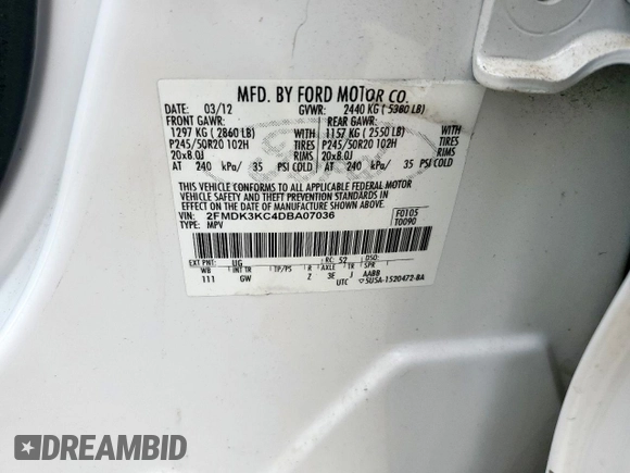 2013 Ford Edge Limited z VIN 2FMDK3KC4DBA07036, wystawiony jako Copart lot #55175335 z przebiegiem 126 774 mil mil oraz Szkoda całkowita • Salvage title. Historia ofert i sprzedaży dostępna na DreamBid. Obrazek 14.