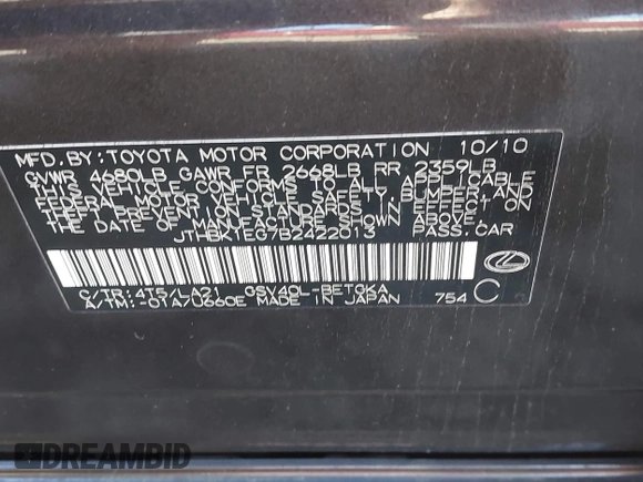 2011 Lexus ES with VIN JTHBK1EG7B2422013, listed as a IAAI auction lot 41823468 with 318,953 mi miles and . Bid and sale history available at carsss.com. Image 9.