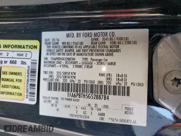 2016 Ford Mustang EcoBoost with VIN 1FA6P8TH5G5288784, listed as a Copart auction lot 60322215 with 101,657 mi miles and Salvage title. Bid and sale history available at DreamBid. Image 12.