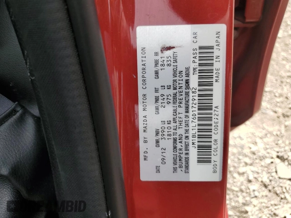 2013 Mazda 3 i Touring with VIN JM1BL1L76D1729182, listed as a Copart auction lot 58154175 with 168,378 mi miles and Salvage title. Bid and sale history available at DreamBid. Image 12.