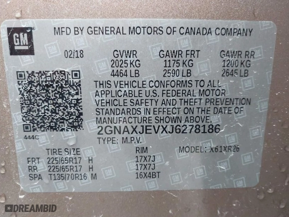 2018 Chevrolet Equinox LT with VIN 2GNAXJEVXJ6278186, listed as a IAAI auction lot 41820710 with 181,044 mi miles. Bid and sale history available at carsss.com. Image 9.