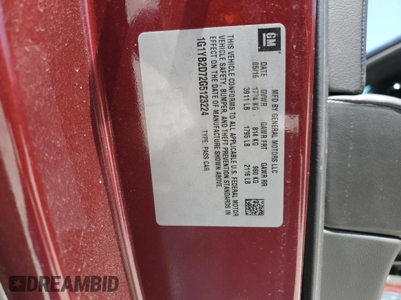2016 Chevrolet Corvette 1LT with VIN 1G1YB2D72G5123224, listed as a Copart auction lot 52200185 with 121,893 mi miles and Clean title. Bid and sale history available at DreamBid. Image 13.