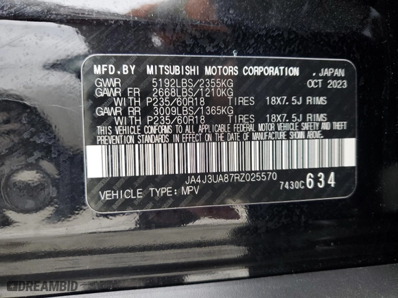 2024 Mitsubishi Outlander ES with VIN JA4J3UA87RZ025570, listed as a Copart auction lot 86778764 with 8,762 mi miles and Salvage Title. Bid and sale history available at carsss.com. Image 13.