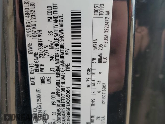 2015 Ford Escape SE with VIN 1FMCU9G96FUC65061, listed as a Copart auction lot 53571625 with 129,048 mi miles and Salvage Title. Bid and sale history available at carsss.com. Image 14.