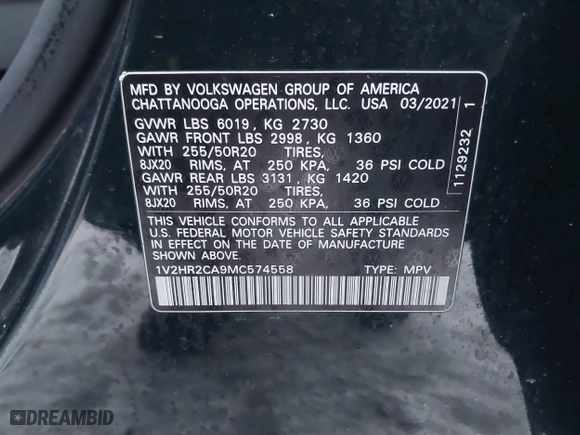 2021 Volkswagen Atlas 3.6L V6 SE w/Technology with VIN 1V2HR2CA9MC574558, listed as a IAAI auction lot 41296583 with 50,267 mi miles. Bid and sale history available at carsss.com. Image 9.