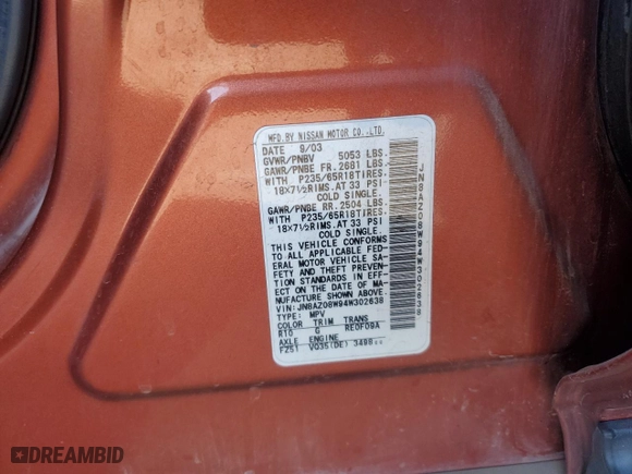 2004 Nissan Murano SE with VIN JN8AZ08W94W302638, listed as a Copart auction lot 44238265 with 145,452 mi miles and Salvage Title. Bid and sale history available at carsss.com. Image 13.