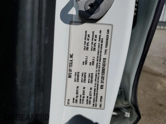 2019 Tesla Model 3 Long Range with VIN 5YJ3E1EB0KF437418, listed as a Copart auction lot 50729915 with 105,148 mi miles and Salvage Title. Bid and sale history available at DreamBid. Image 12.