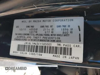 2012 Mazda 3 S Grand Touring z VIN JM1BL1M63C1583005, wystawiony jako IAAI lot #42657793 z przebiegiem 117 212 mil mil oraz . Historia ofert i sprzedaży dostępna na DreamBid. Obrazek 9.