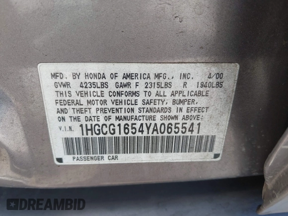 2000 Honda Accord EX с VIN 1HGCG1654YA065541, выставлен на аукционе IAAI как лот 42414986 с пробегом 158 544 миль миль и . История ставок и продаж доступна на DreamBid. Изображение 9.