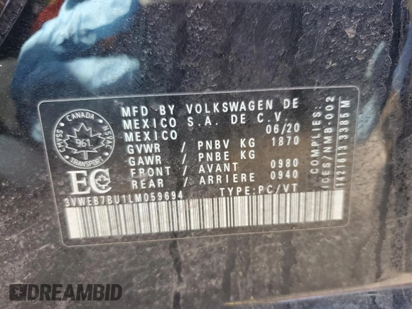 2020 Volkswagen Jetta SEL with VIN 3VWEB7BU1LM059694, listed as a Copart auction lot 54207915 with 104,636 mi miles and Salvage title. Bid and sale history available at DreamBid. Image 13.