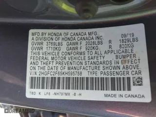 2019 Honda Civic Sedan LX with VIN 2HGFC2F65KH595758, listed as a IAAI auction lot 41989296 with 48,216 mi miles. Bid and sale history available at carsss.com. Image 9.