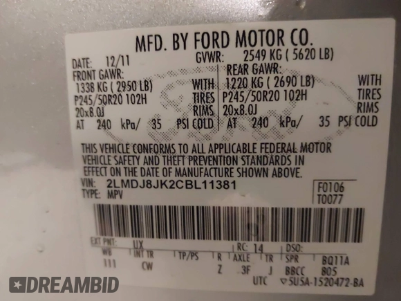 2012 Lincoln MKX with VIN 2LMDJ8JK2CBL11381, listed as a IAAI auction lot 41991914 with 157,193 mi miles and . Bid and sale history available at DreamBid. Image 9.