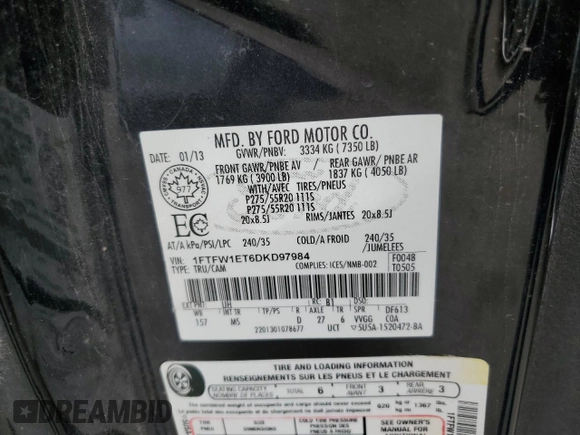 2013 Ford F-150 XL with VIN 1FTFW1ET6DKD97984, listed as a Copart auction lot 61098225 with 219,002 mi miles and Clean title. Bid and sale history available at DreamBid. Image 12.