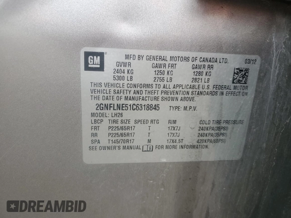2012 Chevrolet Equinox 2LT with VIN 2GNFLNE51C6318845, listed as a Copart auction lot 51988355 with 156,861 mi miles and Salvage Title. Bid and sale history available at DreamBid. Image 15.