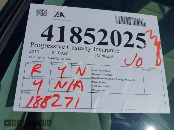 2013 Subaru Impreza 2.0i with VIN JF1GPAA64DH203764, listed as a IAAI auction lot 41852025 with 188,271 mi miles and . Bid and sale history available at DreamBid. Image 12.