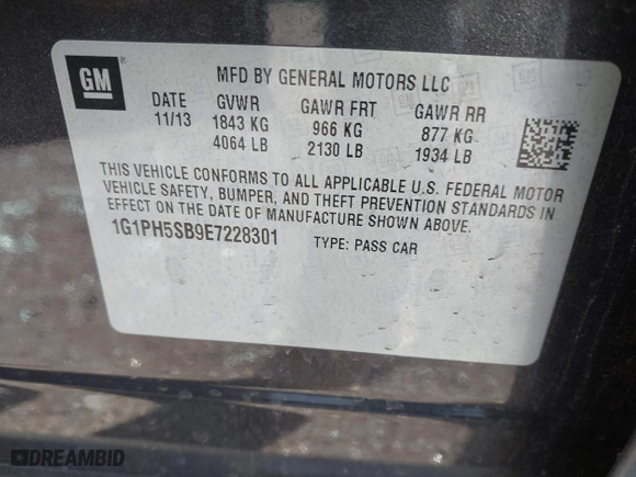 2014 Chevrolet Cruze ECO with VIN 1G1PH5SB9E7228301, listed as a IAAI auction lot 40906270 with 153,317 mi miles. Bid and sale history available at carsss.com. Image 9.