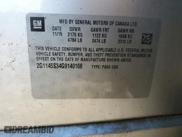 2016 Chevrolet Impala LTZ with VIN 2G1145S34G9140168, listed as a Copart auction lot 57516135 with 158,344 mi miles and Salvage title. Bid and sale history available at DreamBid. Image 12.