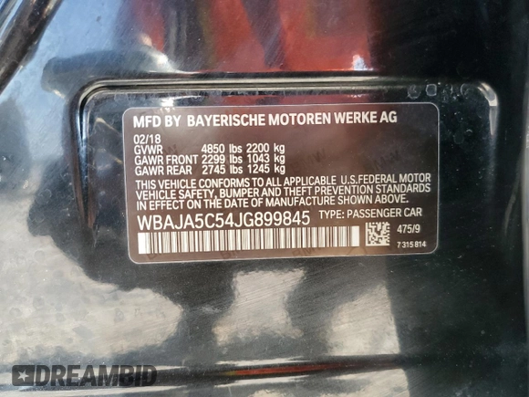 2018 BMW 5 Series 530i with VIN WBAJA5C54JG899845, listed as a Copart auction lot 76386124 with 57,379 mi miles and Salvage Title. Bid and sale history available at DreamBid. Image 12.