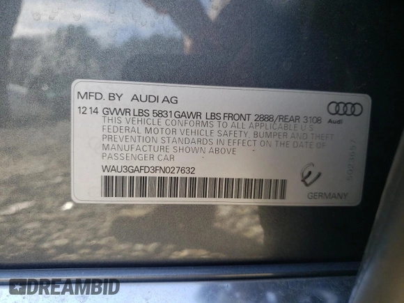 2015 Audi A8 3.0T with VIN WAU3GAFD3FN027632, listed as a Copart auction lot 49260355 with 97,076 mi miles and Salvage Title. Bid and sale history available at DreamBid. Image 13.
