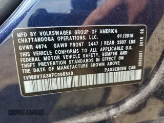 2015 Volkswagen Passat SE z VIN 1VWBV7A39FC066580, wystawiony jako Copart lot #54705935 z przebiegiem 162 056 mil mil oraz Szkoda całkowita • Salvage title. Historia ofert i sprzedaży dostępna na DreamBid. Obrazek 12.