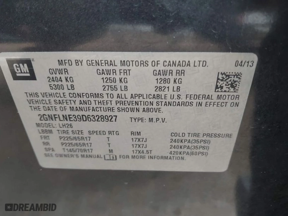 2013 Chevrolet Equinox LT with VIN 2GNFLNE39D6328927, listed as a IAAI auction lot 41481316 with 240,619 mi miles. Bid and sale history available at carsss.com. Image 9.