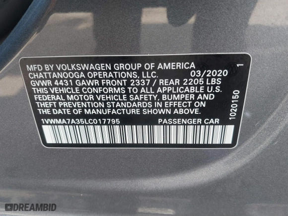 2020 Volkswagen Passat 2.0T R-Line with VIN 1VWMA7A35LC017795, listed as a IAAI auction lot 41228878 with 54,811 mi miles. Bid and sale history available at carsss.com. Image 9.
