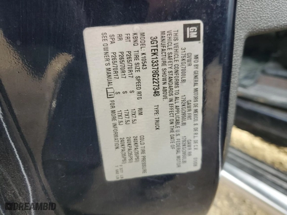 2008 GMC Sierra 1500 SLE1 with VIN 3GTEK13378G227348, listed as a Copart auction lot 82703254 with 144,861 mi miles and Salvage Title. Bid and sale history available at carsss.com. Image 12.