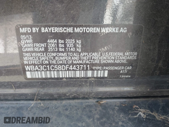 2013 BMW 3 Series 328i with VIN WBA3C1C58DF443711, listed as a IAAI auction lot 41828396 with 81,132 mi miles. Bid and sale history available at carsss.com. Image 9.