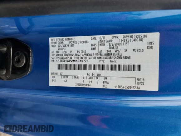 2021 Ford F-150 XL с VIN 1FTEX1CP2MKE10776, выставлен на аукционе Copart как лот 47098255 с пробегом 49 857 миль миль и Списание • Salvage title. История ставок и продаж доступна на DreamBid. Изображение 13.