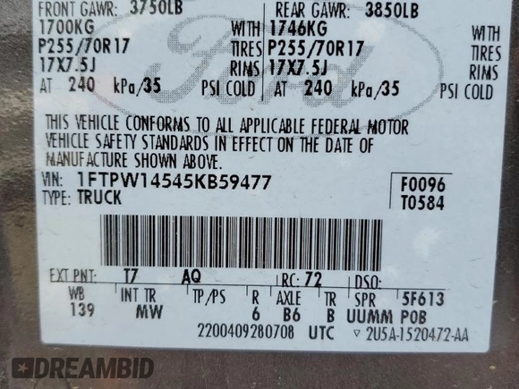 2005 Ford F-150 XLT с VIN 1FTPW14545KB59477, выставлен на аукционе Copart как лот 71832214 с пробегом 117 594 миль миль и Списание • Salvage title. История ставок и продаж доступна на DreamBid. Изображение 14.