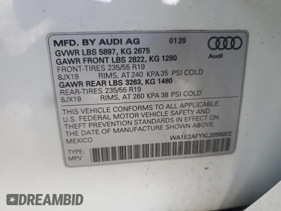 2020 Audi Q5 Premium Plus with VIN WA1E2AFYXL2056002, listed as a Copart auction lot 50502745 with 25,245 mi miles and Salvage title. Bid and sale history available at DreamBid. Image 13.