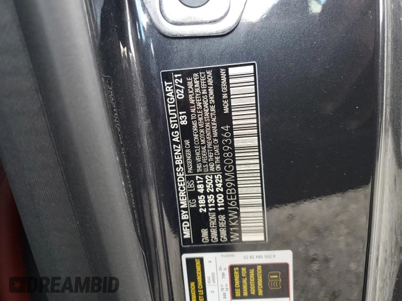 2021 Mercedes-Benz C 43 AMG with VIN W1KWJ6EB9MG089364, listed as a Copart auction lot 52339195 with Not provided miles and Salvage title. Bid and sale history available at DreamBid. Image 12.