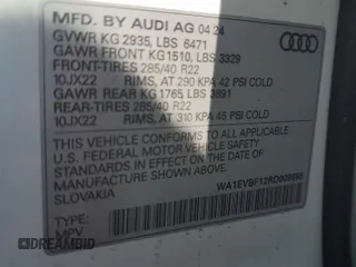 2024 Audi Q8 Premium Plus z VIN WA1EVBF12RD009995, wystawiony jako Copart lot #54057095 z przebiegiem 6 562 mil mil oraz Szkoda całkowita • Salvage title. Historia ofert i sprzedaży dostępna na DreamBid. Obrazek 14.