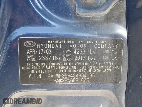 2003 Hyundai Sonata GLS with VIN KMHWF35H43A884186, listed as a Copart auction lot 84385254 with 82,160 mi miles and Salvage Title. Bid and sale history available at carsss.com. Image 14.