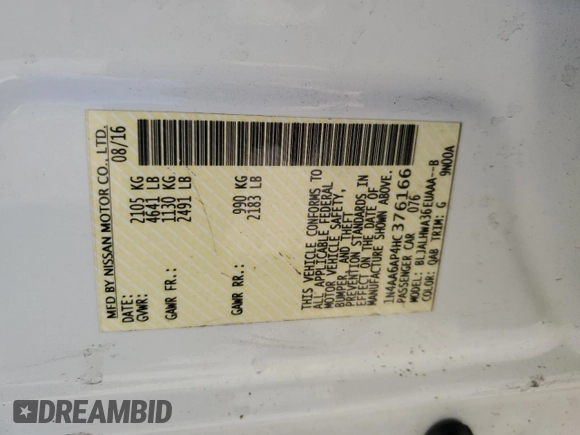 2017 Nissan Maxima Platinum with VIN 1N4AA6AP4HC376166, listed as a Copart auction lot 56360605 with 173,031 mi miles and Salvage title. Bid and sale history available at DreamBid. Image 12.