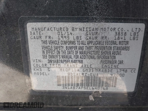 2014 Nissan Sentra S with VIN 3N1AB7AP5EL640768, listed as a IAAI auction lot 41864679 with 150,957 mi miles and . Bid and sale history available at DreamBid. Image 9.