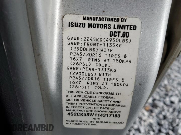 2001 Isuzu Rodeo S with VIN 4S2CK58W114317183, listed as a Copart auction lot 76280974 with 318,201 mi miles and Non Repairable. Bid and sale history available at DreamBid. Image 12.